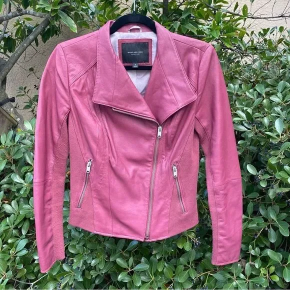 Marc New York Raspberry Felix Knit Panel Asymmetrical Leather Jacket. Small EUC!